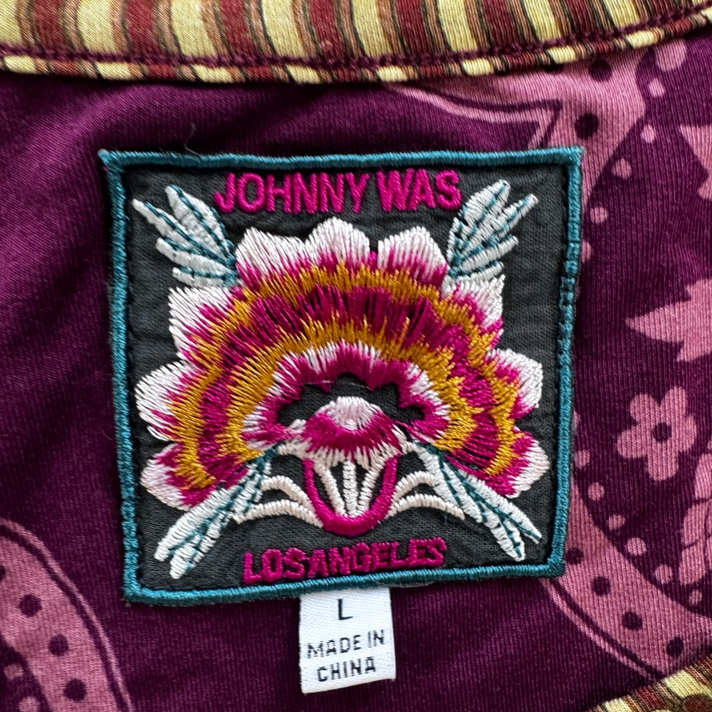 JOHNNY WAS Dragon Print Long Sleeve Tee Womens Burgundy Swing Bamboo Boho L - Picture 6 of 8
